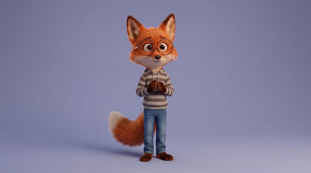 Mirus standing on a soft purple background