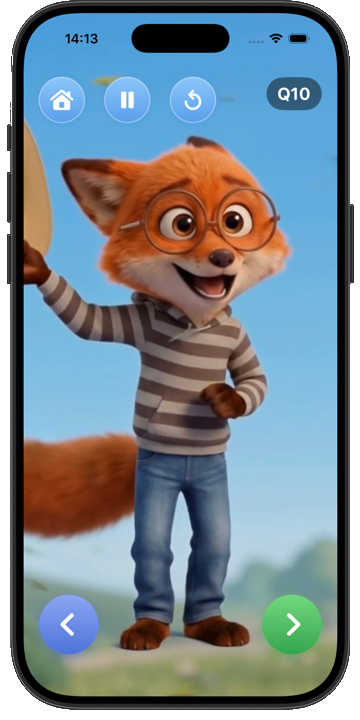 Mirus guiding a sunny science story scene in the app